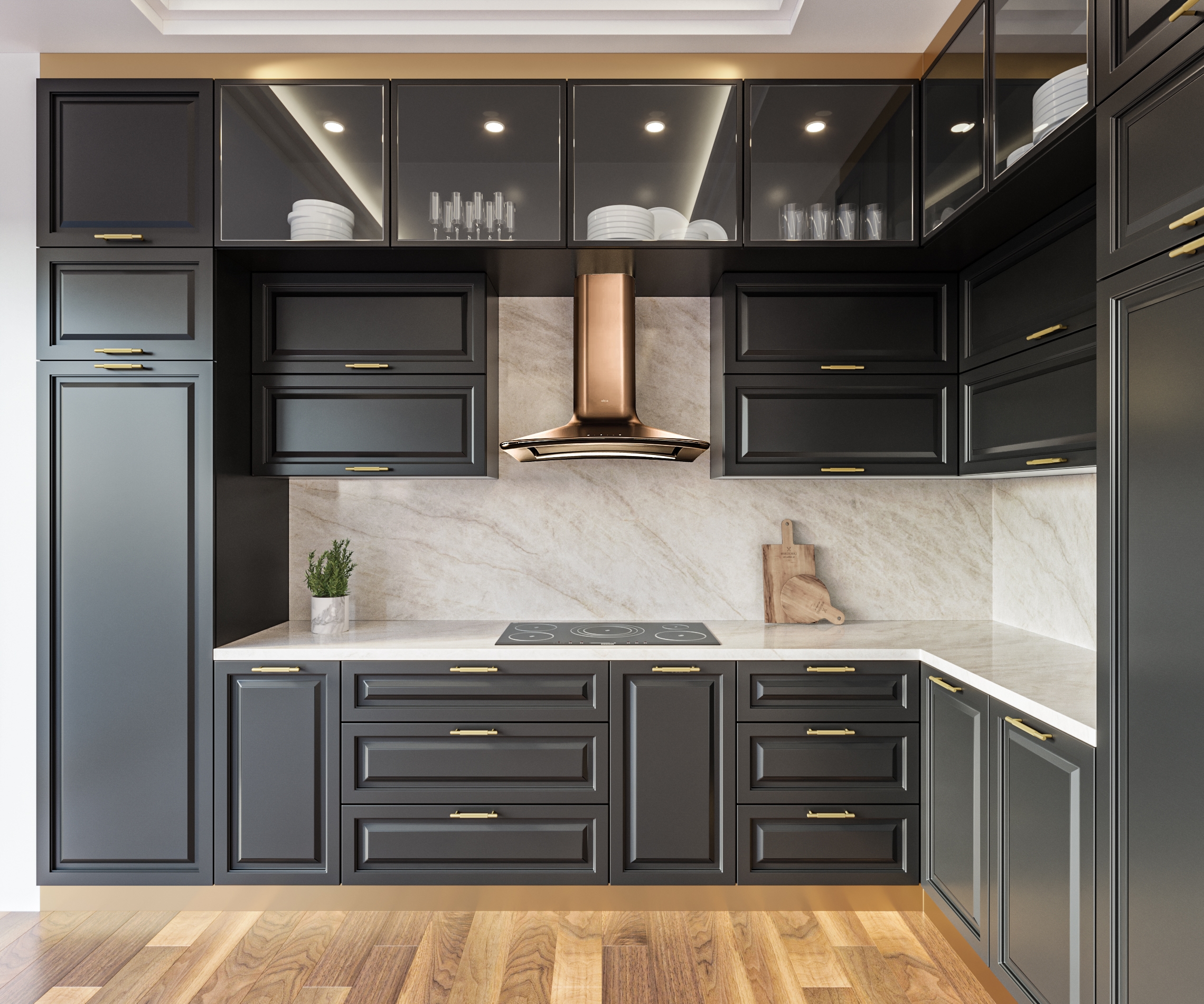 Taj Mahal Lux countertop and backsplash with dark kitchen cabinets and warm gold accents